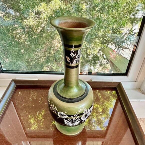 Vintage Hand Painted Wood Turned Vase – Tall Green and Black Floral Decor - Picture 1 of 13